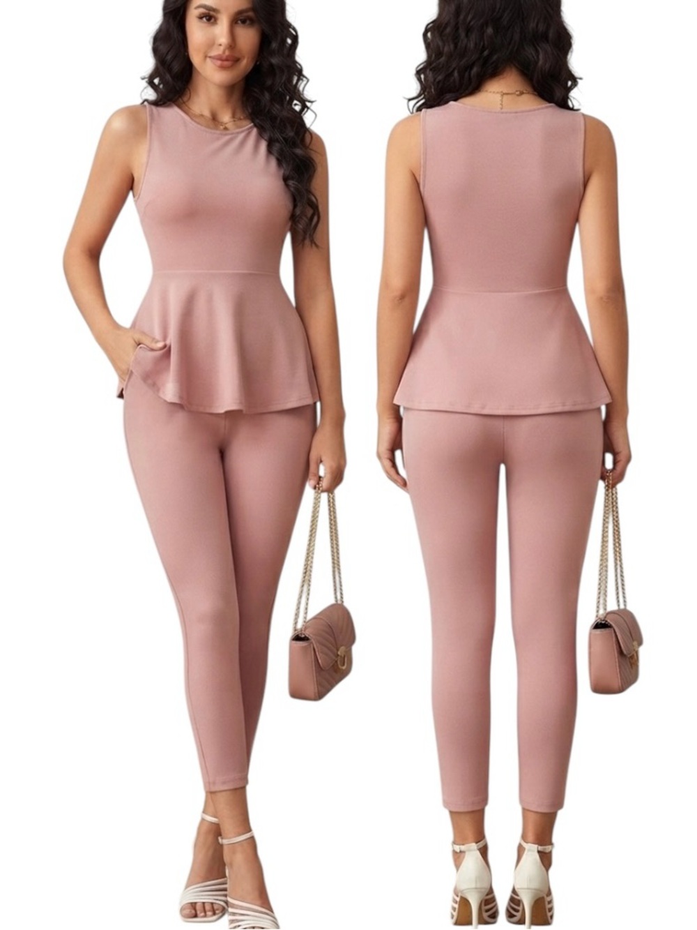 EMERY ROSE Clasi Solid Peplum Tank Top & Leggings L NWT